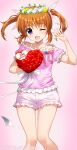  1girl blush bouquet brown_hair fujima_takuya head_wreath holding holding_bouquet looking_at_viewer lyrical_nanoha mahou_shoujo_lyrical_nanoha one_eye_closed open_mouth pink_background pink_shirt purple_eyes shirt short_shorts shorts simple_background smile solo takamachi_nanoha twintails 