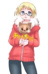  akeome blonde_hair blue_eyes breath coat copyright_request dog fur_trim glasses happy_new_year inuinui new_year solo 