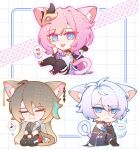  ... 1girl 2boys ahoge animal_ears birdsofpasssage black_boots black_jacket black_shirt blue_eyes boots cat_boy cat_ears cat_girl cat_tail chinese_commentary closed_eyes commentary_request corset elysia_(honkai_impact) elysia_(miss_pink_elf)_(honkai_impact) fang grey_hair hair_ornament heart highres honkai_(series) honkai_impact_3rd jacket kevin_kaslana long_hair multiple_boys pink_hair seiza shirt short_hair sitting skin_fang spoken_ellipsis spoken_heart su_(honkai_impact) tail white_background white_corset white_hair 