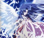 air artist_request blue_eyes blue_hair feathers highres japanese_clothes kannabi_no_mikoto kimono long_hair solo white_wings wings 