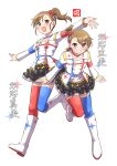  2girls absurdres asymmetrical_legwear black_skirt blue_choker blue_thighhighs blush boots brown_eyes brown_hair character_name choker flower frilled_skirt frills full_body futami_ami futami_mami grin hair_flower hair_ornament highres idolmaster idolmaster_(classic) idolmaster_movie leg_up long_sleeves looking_at_viewer mismatched_legwear mismatched_thighhighs multiple_girls ngetyan open_mouth outstretched_arms print_boots print_shirt red_choker red_flower red_rose red_thighhighs rose shirt short_hair siblings side_ponytail simple_background sisters skirt smile sparkle_print spread_arms standing starpiece_memories_(idolmaster) thighhighs twins two-tone_choker white_background white_boots 