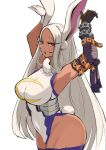  1girl absurdres animal_ears arm_strap arm_wrap armpits arms_up asymmetrical_gloves bare_shoulders boku_no_hero_academia breasts commentary_request covered_navel crescent_print dark-skinned_female dark_skin fur_collar gloves grin hands_up highleg highleg_leotard highres labo81872874 large_breasts leotard long_eyelashes long_hair looking_at_viewer mirko mismatched_gloves parted_bangs purple_thighhighs rabbit_ears rabbit_girl rabbit_pose rabbit_tail red_eyes simple_background sleeveless_turtleneck_leotard smile solo tail tail_through_clothes taut_leotard thick_thighs thighhighs thighs toned toned_female very_long_hair white_background white_gloves white_hair white_leotard 