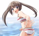  bikini blush brown_eyes brown_hair jun_(aoerm) long_hair looking_back minami-ke minami_kana solo striped striped_bikini swimsuit twintails 