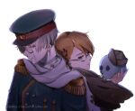  2boys ahoge america_(hetalia) axis_powers_hetalia back-to-back bandaged_neck bandages blonde_hair blue_eyes brown-framed_eyewear brown_hat brown_jacket buttons commentary_request epaulettes glasses green_hat green_jacket grey_hair hair_between_eyes half-closed_eyes hand_up hat hat_ornament holding holding_skull jacket lofter_username long_sleeves looking_at_viewer male_focus medal military_hat military_jacket military_uniform multiple_boys onobairan open_mouth purple_eyes round_eyewear russia_(hetalia) scarf semi-rimless_eyewear short_hair simple_background skull smile star_(symbol) star_hat_ornament teeth torn_clothes torn_scarf upper_body white_background white_scarf yellow-framed_eyewear 