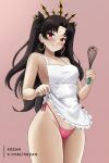  1girl apron apron_lift artist_name asymmetrical_legwear black_hair blush bow bow_panties breasts cameltoe clothes_lift clothes_pull crown earrings fate/grand_order fate_(series) fingernails frills from_below gold gradient_background hair_bow hair_ornament hair_ribbon happy_valentine highres holding holding_whisk hoop_earrings ishtar_(fate) jewelry lifting_own_clothes lingerie long_hair looking_at_viewer medium_breasts micro_panties nail_polish nearly_naked_apron paid_reward_available panties pantyshot parted_bangs pink_background pink_nails pink_panties presenting red_eyes ribbon shirt_lift smile smirk solo standing thick_thighs thighs tiara twintails twitter_username two_side_up underwear valentine whisk white_apron xkzan 