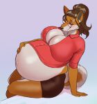 anthro belly big_belly big_breasts bottomwear breasts brown_body brown_fur brown_tail canid canine cleavage clothed clothing ear_piercing eyewear female fingers fox fur glasses hair hand_on_own_belly hi_res huge_belly huge_breasts mammal midriff multicolored_body multicolored_fur odisia piercing ponytail pregnant sitting skirt solo tail thick_thighs topwear two_tone_body two_tone_fur two_tone_tail white_body white_fur white_tail