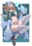  1girl absurdres animal_ears bikini black_shoes breasts brown_hair crossed_bangs green_background green_bikini green_eyes hair_between_eyes hashtag-only_commentary hat high_heels highleg highleg_bikini highres holding holding_smoking_pipe indie_virtual_youtuber large_breasts long_sleeves looking_at_viewer medium_hair navel nimi_nightmare nurse_cap shoes side_ponytail smile smoking_pipe solo swimsuit tapir_ears tapir_girl thighhighs trap_(drthumt) two-tone_background virtual_youtuber white_background white_thighhighs 