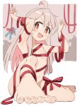  1girl :d ahoge armpits barefoot blush border bound bow breasts brown_eyes feet grey_hair hair_between_eyes hands_up highres kanno_(kan_save) legs long_hair looking_at_viewer naked_ribbon onii-chan_wa_oshimai! open_mouth oyama_mahiro red_bow red_ribbon ribbon ribbon_bondage small_breasts smile soles solo sweatdrop thighs toes white_border 