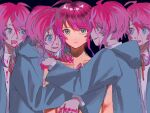  5boys :d amemura_ramuda blood blood_from_forehead blood_from_mouth blood_on_clothes blood_on_hands blue_background blue_coat blue_eyes boy_sandwich clone clothed_male_nude_male coat collarbone collared_shirt cowlick gradient_hair greek_commentary group_hug hand_on_another&#039;s_chest hand_on_another&#039;s_shoulder highres hood hood_down hooded_coat hug hunched_over hypnosis_mic light_frown long_sleeves looking_at_another looking_at_viewer male_focus multicolored_hair multiple_boys neck_ribbon nude open_mouth pink_blood pink_hair raised_inner_eyebrows ribbon sandwiched shirt short_hair_with_long_locks simple_background smile solo_focus spoilers swept_bangs t_xfps upper_body white_shirt 