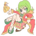  1girl bra closed_mouth coat commentary_request eyepatch fishnet_thighhighs fishnets full_body fur-trimmed_coat fur_trim green_bra green_eyes green_hair green_shoes green_shorts holding holding_paintbrush long_sleeves looking_at_viewer lowres mamaji money_bag navel oekaki open_clothes open_coat paintbrush ragnarok_online red_coat rogue_(ragnarok_online) shoes short_hair shorts simple_background sitting smile solo thighhighs treasure_chest underwear white_background 