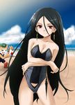  &gt;_&lt; bare_shoulders beach black_hair breast_hold breasts casual_one-piece_swimsuit cleavage closed_eyes crossed_arms day earrings fan folding_fan fox japan jewelry kaiga large_breasts long_hair ocean one-piece_swimsuit otogi-juushi_akazukin purple_eyes smile solo_focus swimsuit very_long_hair 