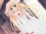  blonde_hair blush breasts bride cleavage dress green_eyes hayama_umi kono_aozora_ni_yakusoku_wo long_hair medium_breasts nekonyan smile solo wedding_dress 