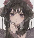  1girl black_dress black_hair blush chain closed_mouth cosplay dress eyebrows_hidden_by_hair frilled_sleeves frills grey_background hand_on_own_chin hand_up hat highres kitagawa_marin kumagai_yuka kuroe_shizuku lace looking_at_viewer medium_hair mob_cap portrait purple_eyes revision simple_background solo sono_bisque_doll_wa_koi_wo_suru straight-on wig 