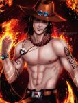  1boy abs arm_tattoo artist_name bead_necklace beads black_hair commentary cowboy_hat english_commentary freckles hat highres jewelry log_pose magato98 male_focus necklace one_piece orange_hat photoshop_(medium) portgas_d._ace realistic short_hair signature smile solo tattoo topless_male web_address 