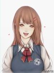  1girl :d absurdres bangs brown_eyes brown_hair hair_ornament hairclip heart highres liya_nikorov mole mole_under_eye open_mouth original red_neckwear school_uniform smile solo swept_bangs teeth twitter_username 