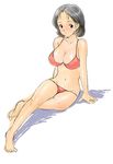  arm_support barefoot bikini blush breasts cleavage covered_nipples crossed_legs fugetsu_taku gundam large_breasts looking_at_viewer mirai_yashima mobile_suit_gundam navel shiny shiny_skin sitting sketch solo swimsuit 