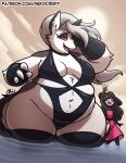 anthro avian beach belly belly_overhang big_belly big_breasts bird breasts canid canid_demon canine choker cleavage clothed clothing demon duo female fur hellhound helluva_boss huge_thighs jewelry legwear loona_(helluva_boss) mammal mythological_canine mythological_creature mythology navel necklace nekocrispy obese obese_female octavia_(helluva_boss) overweight overweight_female owl owl_demon red_sclera size_difference skindentation stockings swimwear thick_thighs thigh_highs white_body white_fur wide_hips