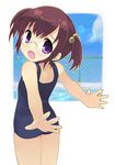  :o brown_hair chain-link_fence child cloud day fence frame glasses hair_bobbles hair_ornament lens_flare looking_back one-piece_swimsuit open_mouth original otoutogimi outstretched_arms pool purple_eyes school_swimsuit simple_background solo swimsuit twintails white_background 