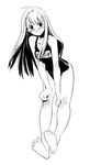  ahoge barefoot blush feet greyscale hands_on_own_knees kizaki legs long_hair monochrome name_tag one-piece_swimsuit original school_swimsuit soles solo spread_toes swimsuit 