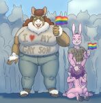 5_fingers anthro anthro_on_anthro antlers backsack balls biped bottomwear butt clothed clothing cotton_jackett countershade_tail countershading deer denim_(artist) denim_jackett english_text father_(lore) father_and_child_(lore) father_and_son_(lore) female fingers genitals group hair hi_res hooves horn incest_(lore) lagomorph leporid lgbt_pride lgbt_pride_month male male/male mammal new_world_deer open_mouth open_smile overweight overweight_anthro overweight_female pants parent_(lore) parent_and_child_(lore) parent_and_son_(lore) pride_colors rabbit rainbow_flag rainbow_pride_flag rainbow_symbol reindeer scut_tail shirt short_tail silke_jackett smile son_(lore) tail text text_on_clothing text_on_shirt text_on_topwear topwear trio_focus
