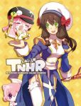  3girls black_hat blush bow breasts brown_gloves brown_hair chibi closed_eyes closed_mouth commentary_request cover cover_page cowboy_shot cross doujin_cover dress full_body garter_straps gloves green_eyes hair_between_eyes hat hat_bow hat_ornament high_priest_(ragnarok_online) high_wizard_(ragnarok_online) holding holding_staff juliet_sleeves long_hair long_sleeves looking_at_viewer looking_to_the_side medium_breasts monk_(ragnarok_online) multiple_girls newsboy_cap open_mouth peeking_out pink_hair puffy_sleeves ragnarok_online red_bow round_teeth sailor_hat sash short_hair sidelocks skull_hat_ornament smile staff tanaka_(cow) tanaka_yuugo teeth thighhighs two-tone_dress upper_teeth_only wavy_eyes wavy_mouth white_dress white_hat white_sash yellow_background 