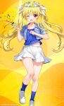  blonde_hair blue_shirt blue_socks breasts collarbone denim denim_jacket fate_testarossa fujima_takuya gradient_background hair_ribbon head_wreath jacket long_hair lyrical_nanoha mahou_shoujo_lyrical_nanoha midriff_peek miniskirt one_eye_closed open_mouth party_popper red_eyes ribbon shirt shoes skirt sleeves_rolled_up small_breasts socks t-shirt thighs twintails white_skirt yellow_background 