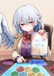  1girl blush board_game bow bowtie braid breasts card closed_mouth collared_shirt commentary_request crown_braid expressionless eyelashes feathered_wings grey_hair grey_wings hair_between_eyes hand_on_table highres holding indoors jacket kishin_sagume long_sleeves looking_at_viewer medium_breasts on_chair open_clothes open_jacket pointing puffy_long_sleeves puffy_sleeves purple_shirt red_bow red_bowtie red_eyes scavia10 shirt shirt_tucked_in short_hair signature single_wing sitting slit_pupils solo table touhou translation_request upper_body wings yellow_brooch 