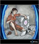  aperture_science_handheld_portal_device barefoot black_forest_cake brown_hair cake chell cherry dirty_feet food fruit heart jesse_mcgibney jumpsuit pastry ponytail portal portal_(object) portal_(series) sleeves_rolled_up slice_of_cake smile solo weighted_companion_cube 