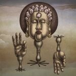  1boy 88kasyo_junrei afro album_cover anatomical_nonsense ass cloud commentary_request cover creature doll_joints earrings highres jewelry joints lips mudra nude painting_(medium) propeller sky surreal taniguchi_takashi traditional_media 
