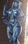  1girl alien blue_skin breasts colored_skin completely_nude erection full-body_tattoo futanari gun handgun highres holding holding_gun holding_weapon huge_breasts muscular nipples noriakis_art nude penis solo star_wars tattoo testicles tribal_tattoo twi&#039;lek weapon 