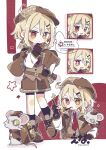  1girl absurdres artist_name bike_shorts black_socks blonde_hair blush_stickers boots brown_boots brown_gloves brown_hat brown_jacket brown_shorts closed_mouth collared_shirt commentary ena_1510 full_body gloves hair_ornament hairclip hat highres jacket looking_at_viewer mouse_(animal) multiple_views necktie newsboy_cap open_clothes open_jacket open_mouth original red_eyes red_necktie shirt short_hair shorts smile smoking_pipe socks standing symbol-only_commentary twitter_username watermark white_background white_shirt wing_collar 