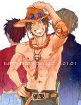  3boys ^_^ abs black_hair closed_eyes dated elbow_pads freckles hand_on_own_hip happy_birthday hat jewelry male_focus multiple_boys necklace nukumise one_piece orange_hat pearl_necklace simple_background single_elbow_pad topless_male white_background 