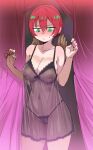  1girl amate_yuzuriha aqua_eyes babydoll bare_shoulders black_negligee blush bow_(bhp) breasts cameltoe cleavage closed_mouth collarbone commentary_request covered_navel covered_nipples curtains gundam gundam_gquuuuuux highres large_breasts lingerie navel negligee nipples panties prostitution red_hair see-through_clothes short_hair underwear 