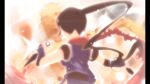  1girl absurdres dummy flashback from_behind game_cg gloves highres holding holding_weapon kunai long_hair ninja non-web_source official_art pillarboxed ponytail purple_gloves purple_shirt red_scarf rin_(senran_kagura) scarf senran_kagura senran_kagura_shoujo-tachi_no_shin&#039;ei shirt sleeveless solo sparkle torn_clothes torn_scarf weapon yaegashi_nan 