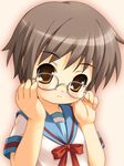  adjusting_eyewear akiba_hideki bangs blue_sailor_collar blush chibi closed_mouth eyebrows_visible_through_hair glasses kita_high_school_uniform looking_at_viewer nagato_yuki sailor_collar school_uniform serafuku short_hair short_sleeves silver_hair solo suzumiya_haruhi_no_yuuutsu upper_body yellow_eyes 