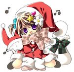  :d bad_id bad_pixiv_id beamed_eighth_notes brown_hair dress eighth_note hat koge_donbo looking_at_viewer lowres musical_note open_mouth original purple_eyes red_dress santa_costume santa_hat scarf short_hair simple_background sixteenth_note smile snow snowman solo white_background 