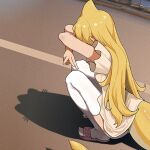  1girl arms_up blonde_hair cat_shadow_puppet_(meme) commentary_request feet fins fish_tail from_side full_body hpapo indie_virtual_youtuber kaofish knees_up legs_folded long_hair loose_clothes meme middle_w outdoors panties pink_slippers shadow shirt short_sleeves slippers squatting t-shirt tail thighhighs underwear w white_panties white_thighhighs 