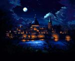  architecture arfu_(uarfun) building city city_lights cityscape cloud cloudy_sky dark foliage full_moon grass hashtag-only_commentary moon night night_sky no_humans original outdoors pixel_art river scenery sky spire star_(sky) steeple tower water 