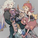  1boy 1girl bare_shoulders black_coat blonde_hair blue_eyes card coat final_fantasy final_fantasy_vi fingerless_gloves gloves holding holding_card long_hair playing_card puffy_pants relm_arrowny sash scar scar_on_chin scar_on_face setzer_gabbiani strapless tube_top waist_sash white_hair zerou_pan 