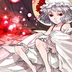  bare_legs barefoot bloomers camisole collarbone frills glowing hat looking_at_viewer mob_cap orb red_eyes remilia_scarlet short_hair silver_hair sitting solo touhou underwear white_bloomers white_hat xero 