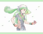  1boy backpack bag beanie brendan_(pokemon) closed_mouth collared_shirt commentary falling_leaves gloves green_bag hand_on_own_hip hat highres holding holding_poke_ball leaf male_focus orange_gloves poke_ball poke_ball_(basic) pokemon pokemon_(creature) pokemon_emerald pokemon_rse popped_collar shirt short_hair smile symbol-only_commentary tan_carbonnn treecko white_background white_hat wristband 