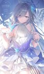  1girl blue_eyes blue_hair breasts bug butterfly butterfly_on_hand closed_mouth commentary_request detached_sleeves dress duplicate earrings fu_hua fu_hua_(azure_empyrea) fu_hua_(cerulean_court) grey_hair hair_between_eyes hair_ornament hands_up highres holding holding_umbrella honkai_(series) honkai_impact_3rd jewelry long_hair looking_at_viewer multicolored_hair official_alternate_costume short_sleeves sleeveless sleeveless_dress smile solo streaked_hair teeth toosaka_asagi umbrella upper_teeth_only white_dress wrist_cuffs 