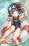  1girl afloat akebwanwan arm_up barefoot black_one-piece_swimsuit blue_eyes blue_hair bright_pupils commentary_request goggles goggles_on_head grin lana_(pokemon) lifebuoy looking_at_viewer no_sclera one-piece_swimsuit pokemon pokemon_(anime) pokemon_sm_(anime) short_hair smile solo swim_goggles swim_ring swimsuit teeth toes water white_pupils 