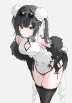  1girl absurdres black_gloves black_hair black_thighhighs bun_cover china_dress chinese_clothes cleavage_cutout clothing_cutout covered_navel cowboy_shot double_bun dress eyewear_on_head feather_boa gloves gurami_(zangizarang) hair_bun hair_intakes highres lace-trimmed_gloves lace_trim leaning_forward long_hair looking_at_viewer original pince-nez short_dress simple_background skindentation sleeveless sleeveless_dress solo sunglasses thighhighs twintails white_background white_dress 