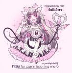  1girl animal_ears apron blunt_bangs blush cat_ears charm_(object) colored_skin commentary commission detached_sleeves doll doll_joints dress english_commentary gradient_hair grey_hair hair_ornament heart highres joints long_hair looking_at_viewer multicolored_hair original pastelpinkwitch pink_dress pink_eyes puffy_detached_sleeves puffy_sleeves raccoon_tails_(hairstyle) solo tail very_long_hair white_apron white_skin wing_hair_ornament 