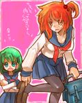  alternate_costume contemporary green_eyes green_hair inuinui lowres multiple_girls onozuka_komachi pantyhose pleated_skirt red_eyes red_hair school_uniform serafuku shiki_eiki short_hair skirt sweatdrop touhou translated 