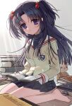  1girl barefoot blue_skirt book brown_jacket clannad commentary_request expressionless feet hair_bobbles hair_ornament highres hikarizaka_private_high_school_uniform holding holding_book ichinose_kotomi jacket light_blush light_particles light_rays long_hair long_sleeves looking_at_viewer lvetica open_book purple_eyes purple_hair sailor_collar school_uniform scissors sitting skirt solo twintails white_sailor_collar 