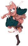  :o animal_ears arm_up blue_eyes boots brown_hair cat_ears coat long_hair namori open_mouth original scarf simple_background solo standing standing_on_one_leg very_long_hair wide_sleeves 