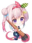  1girl absurdres airani_iofifteen airani_iofifteen_(1st_costume) art_brush blue_hair blue_overalls bow_hairband chibi closed_mouth commentary denim_overalls giant_brush gradient_hair grandapple71 green_hairband green_shoes grey_hair hair_bun hair_ornament hairband highres hololive hololive_indonesia kneeling long_hair long_sidelocks looking_down multicolored_hair multicolored_hairband overalls paint_on_clothes paint_splatter paint_splatter_on_face paintbrush painting_(action) palette_hair_ornament pink_hair pink_hairband polka_dot_hairband purple_eyes shoes side_ponytail side_up_bun sidelocks smile solo star_(symbol) star_in_eye sweater swept_bangs symbol_in_eye three-quarter_sleeves virtual_youtuber white_sweater 