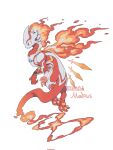  1boy animal_hands animalization chest_jewel colored_skin creature dragon elbow_spikes energy_sword fire flame-tipped_tail from_behind from_side highres no_humans pawpads red_scales red_skin shuini_xiaomao signature simple_background single_arm_guard sword tail ultra_series ultraman_mebius ultraman_mebius_(series) weapon white_background white_scales yellow_eyes 